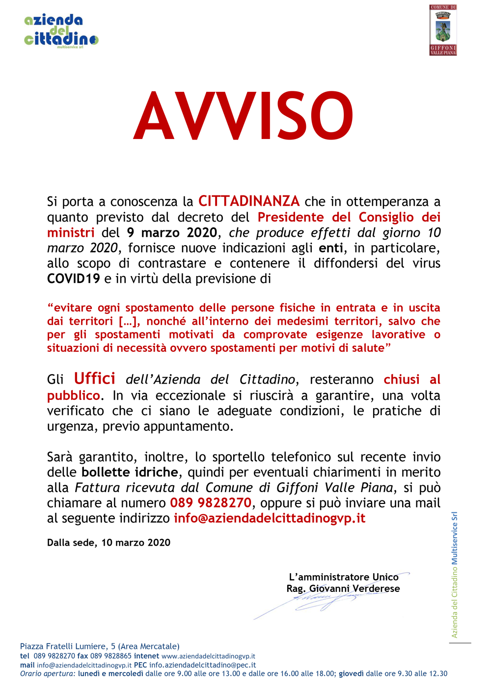 Avviso Chiusura Uffici Pubblici