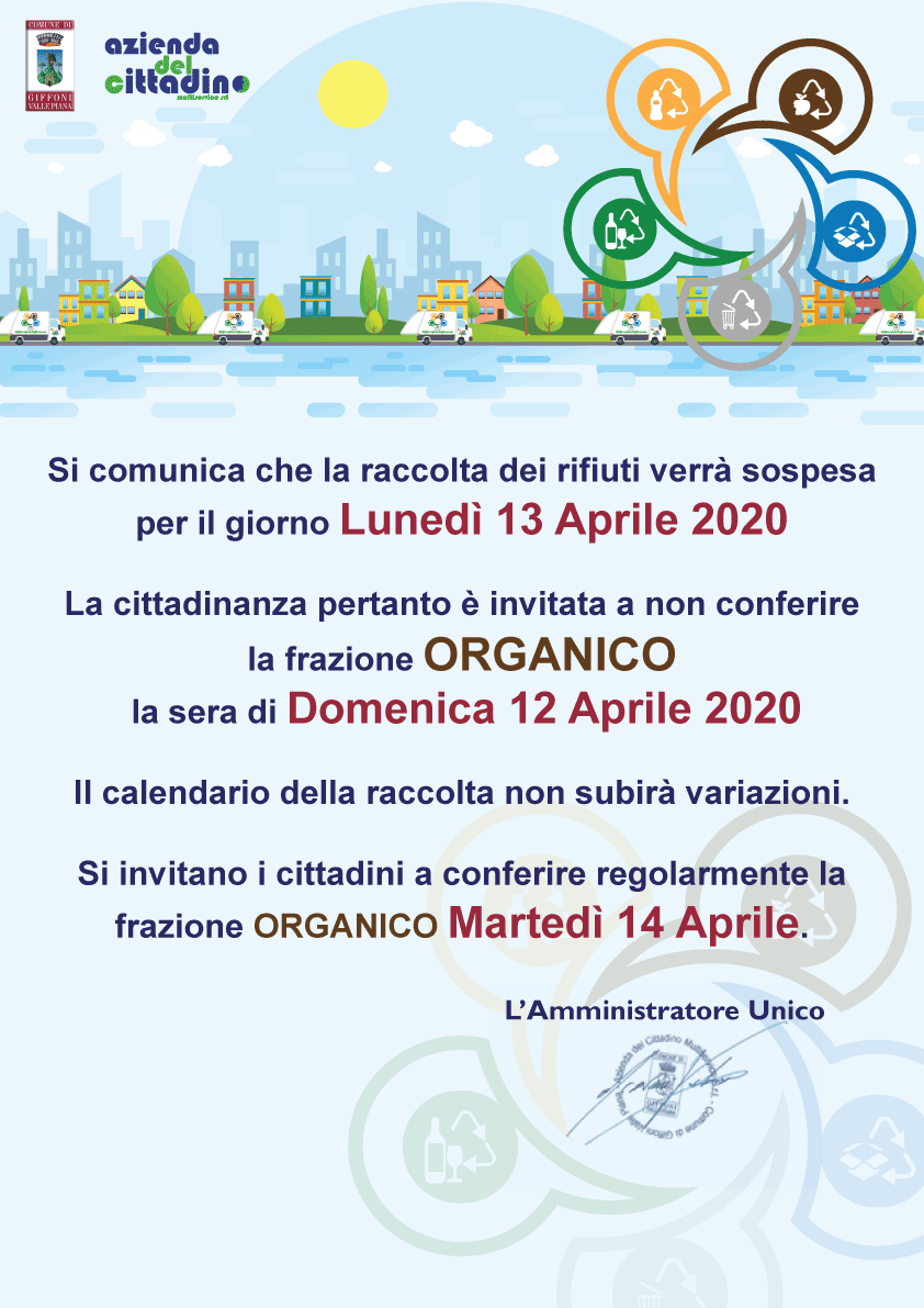 Sospensione servizio raccolta rifiuti per il giorno 13 Aprile