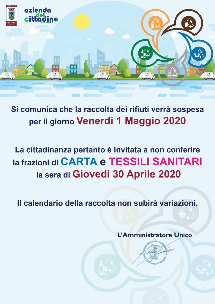 Sospensione servizio raccolta rifiuti per il giorno 1 maggio